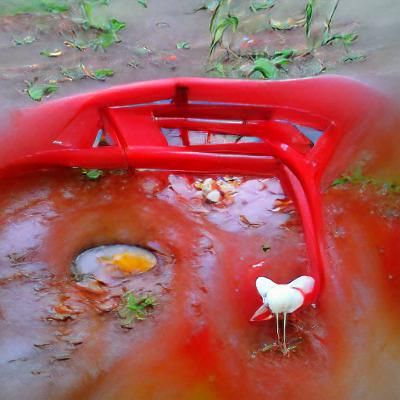 Red Wheelbarrow with Rainwater and White Chicken