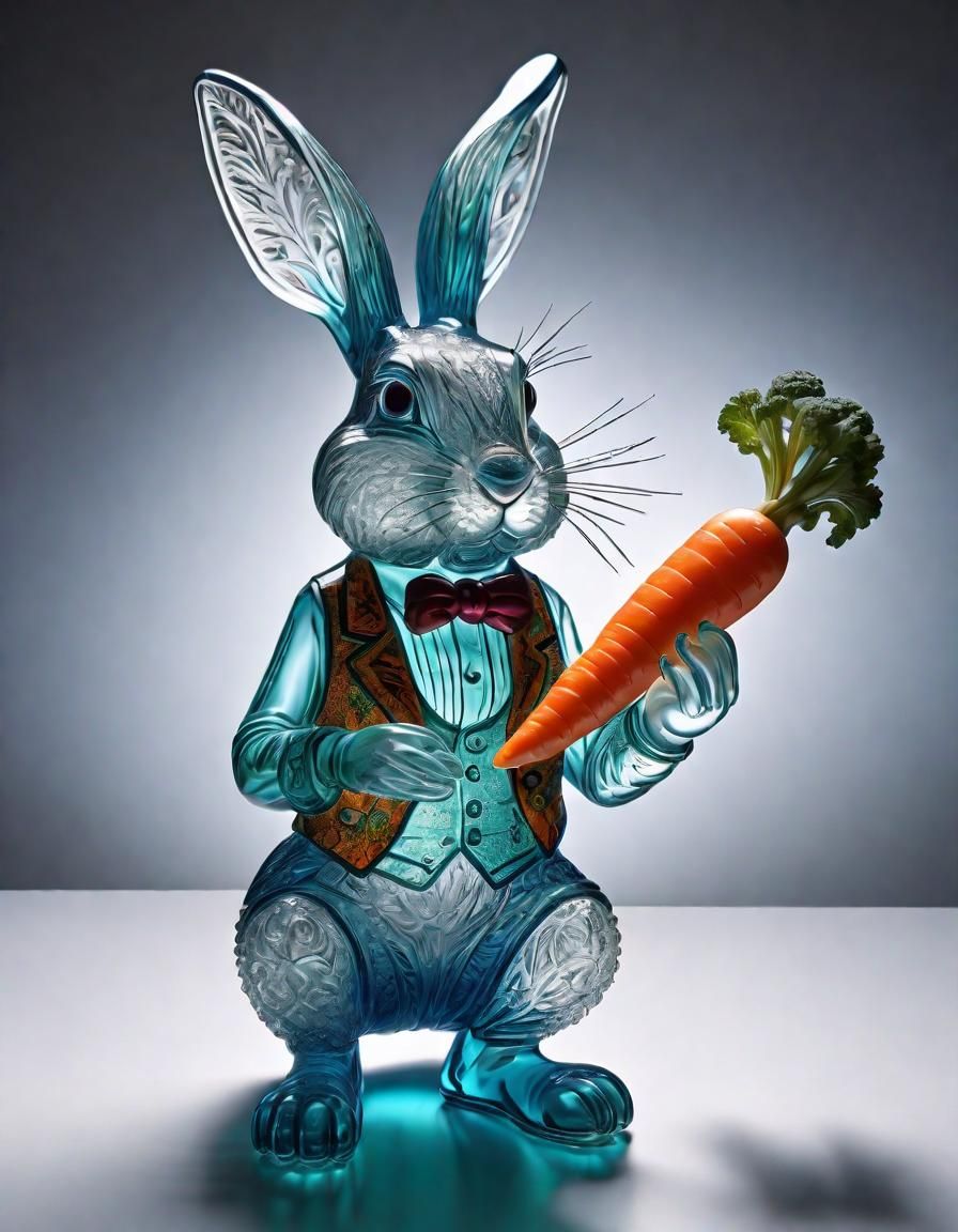 Glass Rabbit Sculpture Eating Carrot, Blown Glass Art