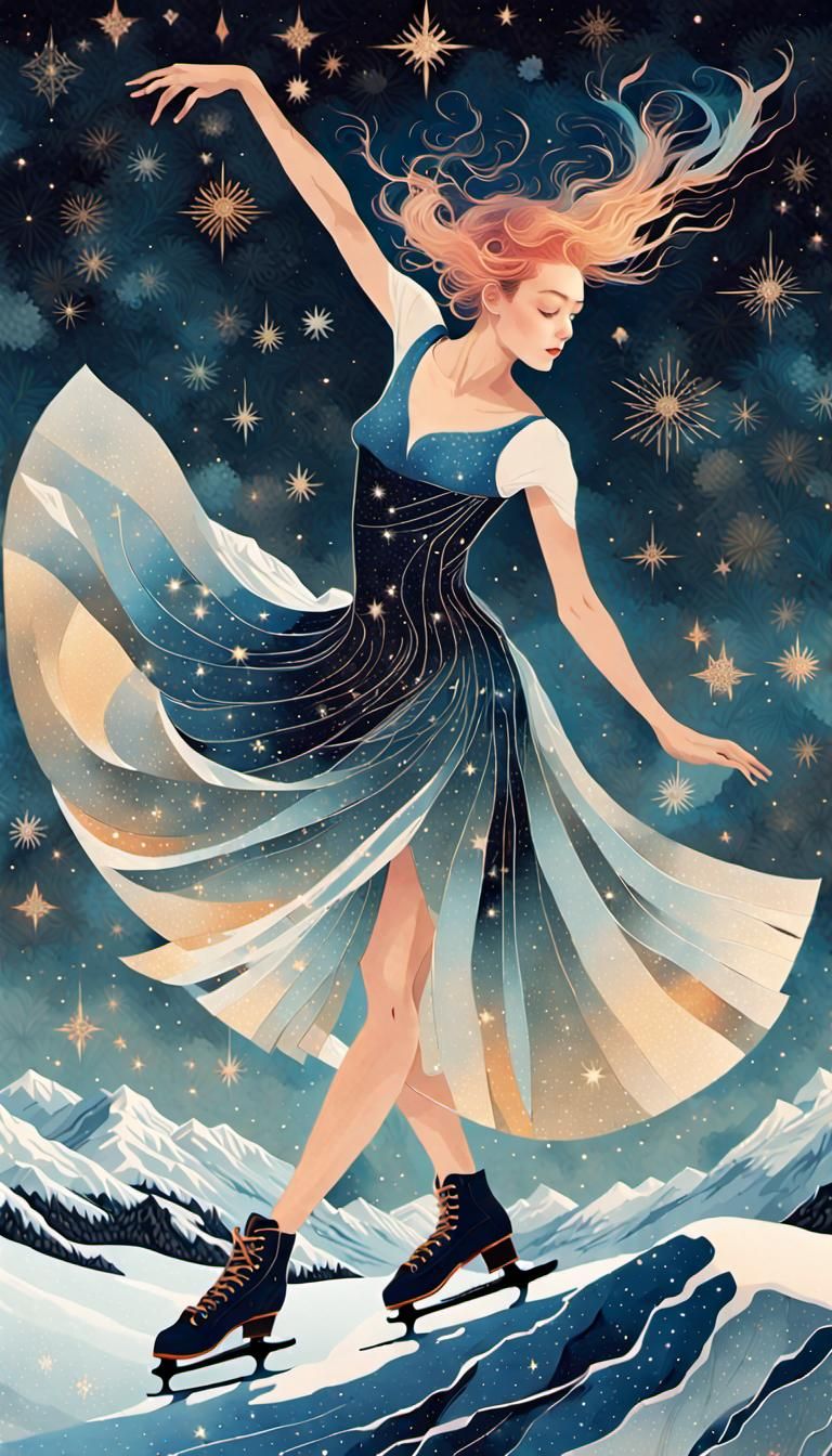 Ethereal Ice Skater in Starry Fantasy Illustration