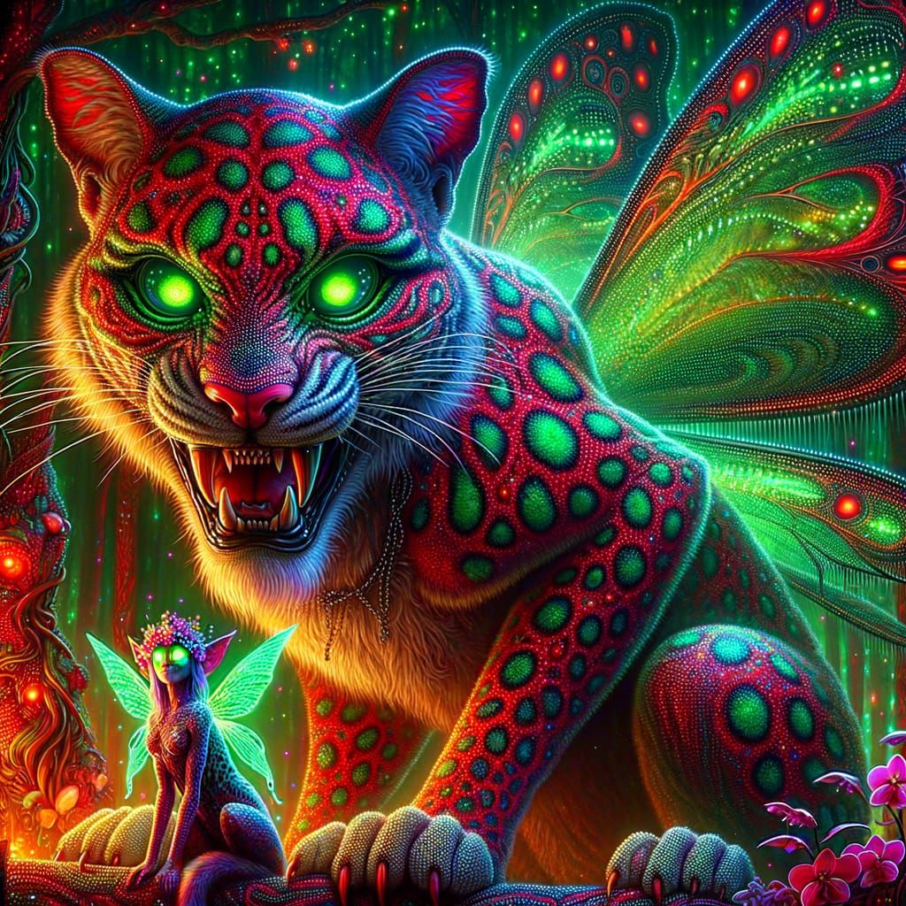 Surreal Feline Rave with Fairy in Eerie Forest