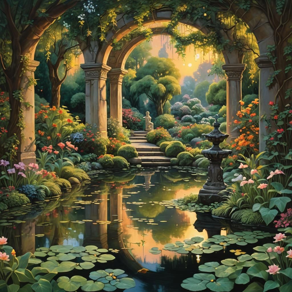 Surreal Garden Oasis Captured in Oil Painting Style