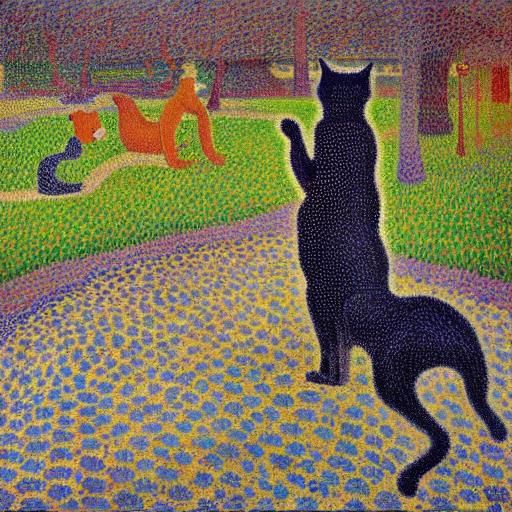 Pointillistic Cat Exploring a Pointillistic World