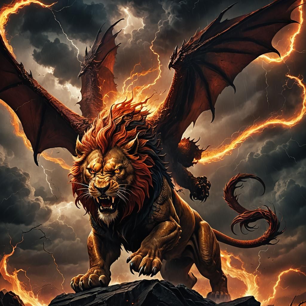 Lion-Dragon Hybrid Roaring in a Dark Storm, Fantasy Art
