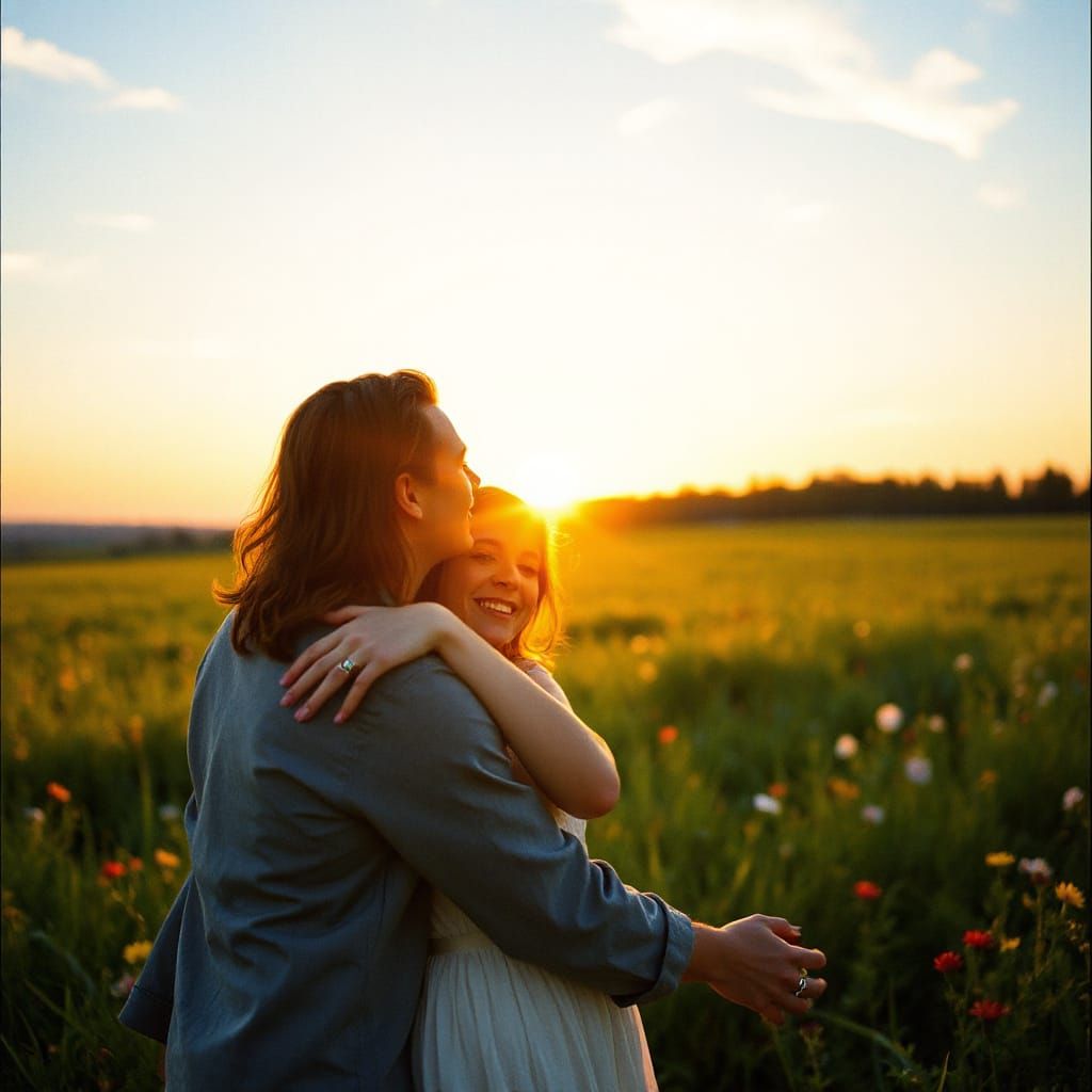 Serene Couple in Golden Hour, Lush Green Meadow