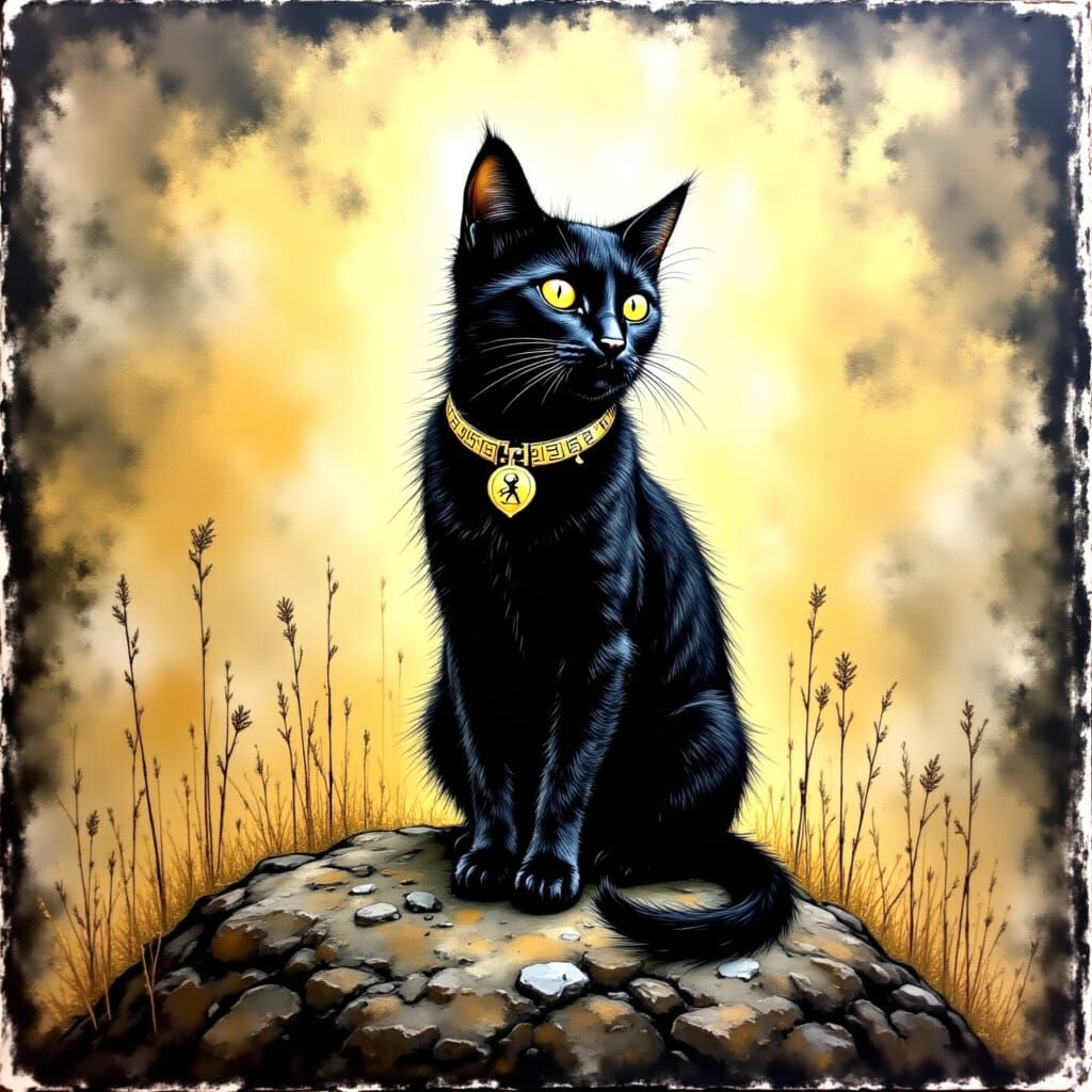 Ancient Gold Style Portrait of a Majestic Black Cat