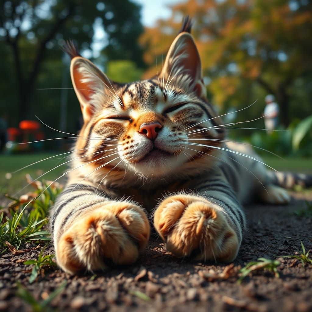 Surrealistic Feline Awakening in Lush Parkland
