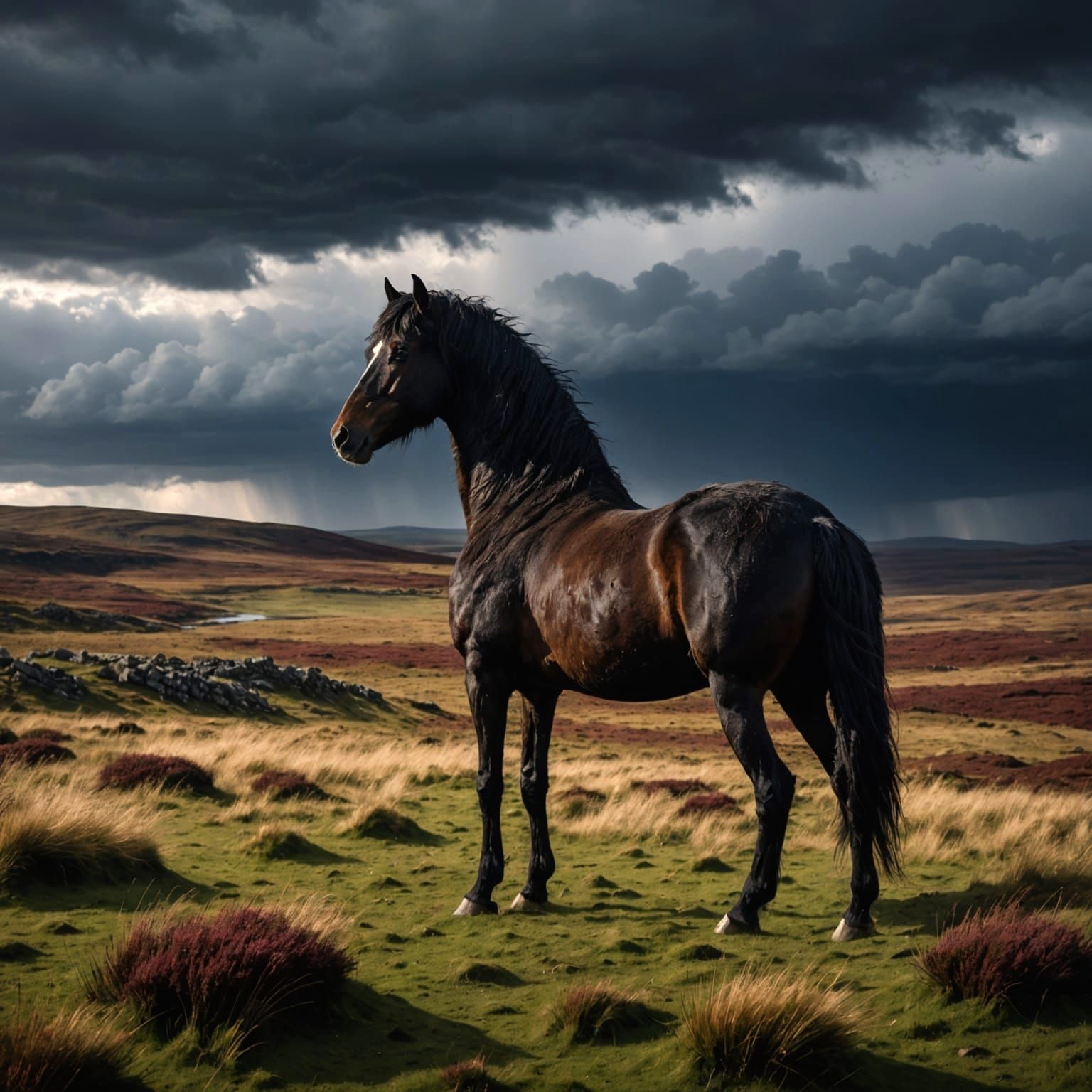 Ancient Horse Silhouette in Stormy Landscape