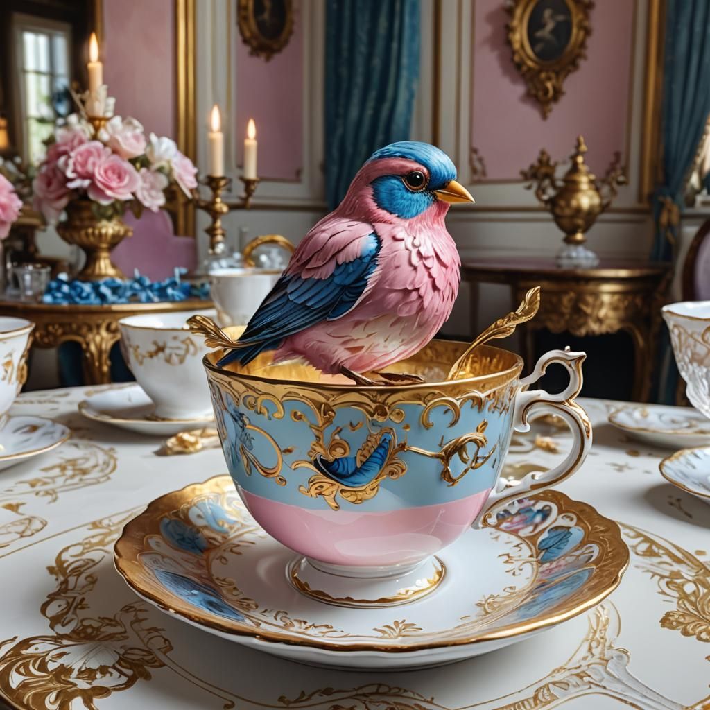 Colorful Bird in Teacup: Hyperrealistic Victorian Art