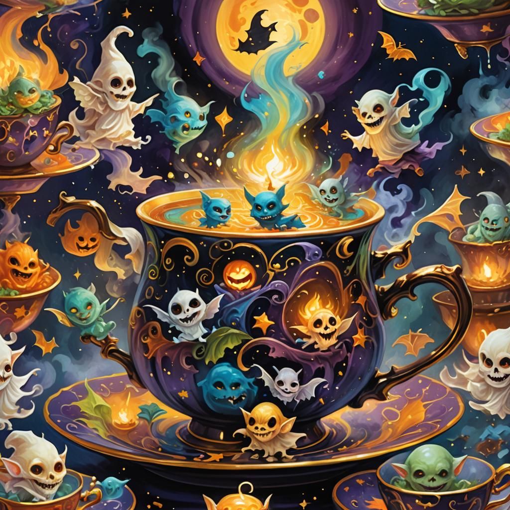 Mystical Teacup with Fantasy Creatures: Oil Painting