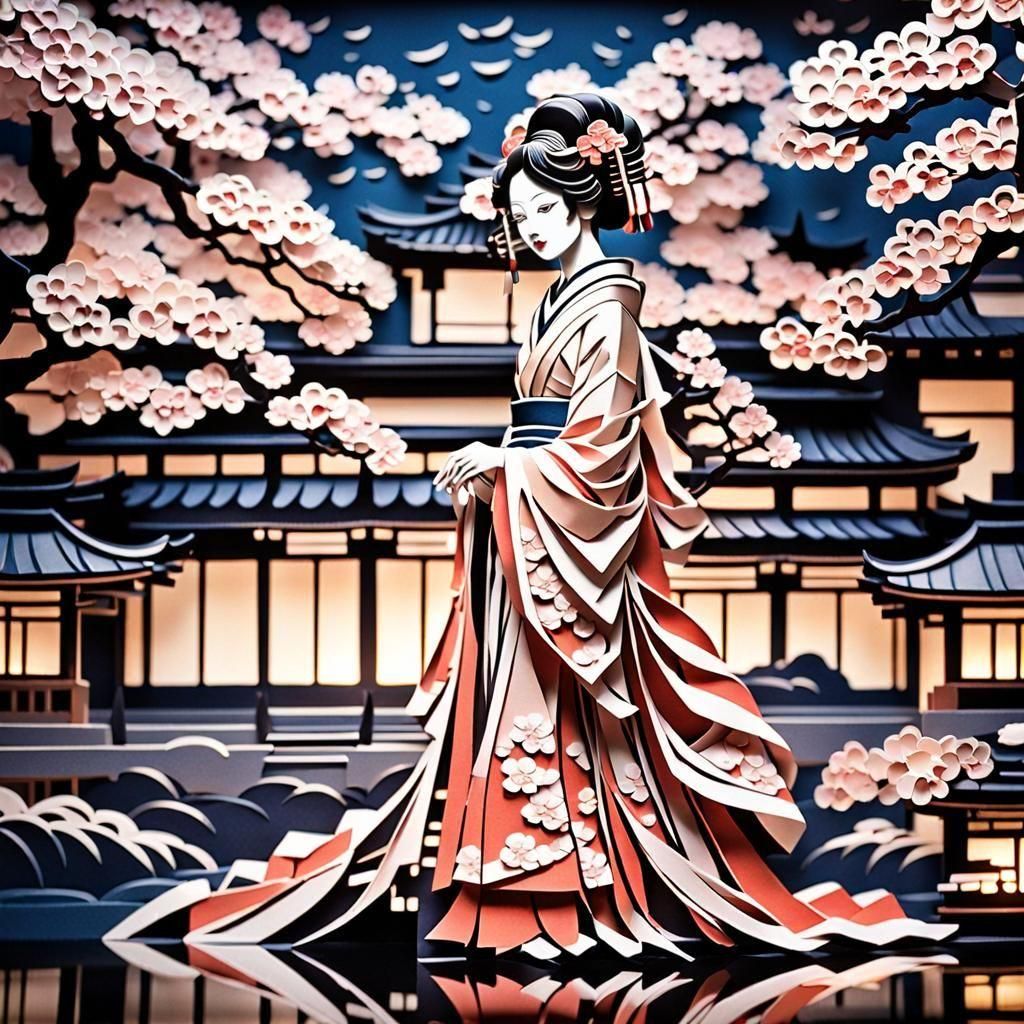 Graceful Geisha Kirigami Paper Cut-Out Illustration