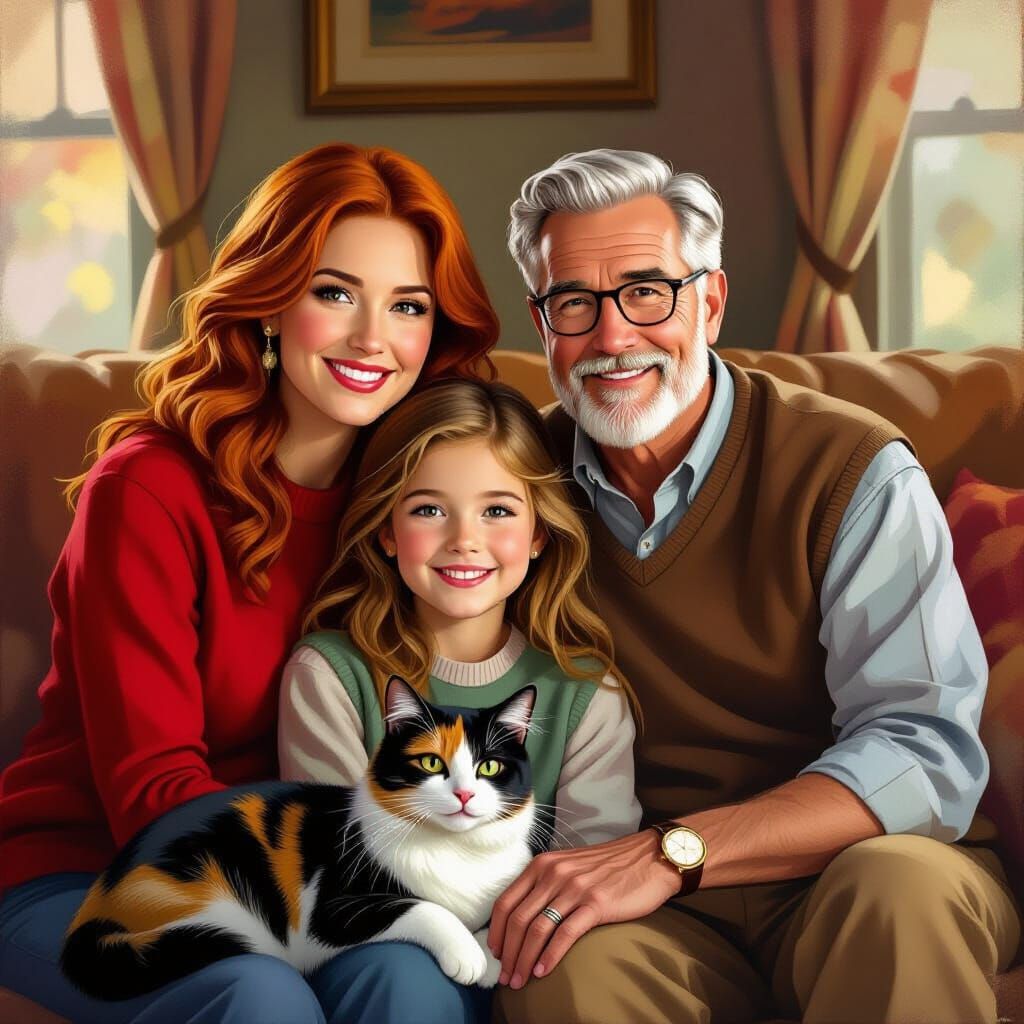 Norman Rockwell Style Family Portrait with Calico Cat