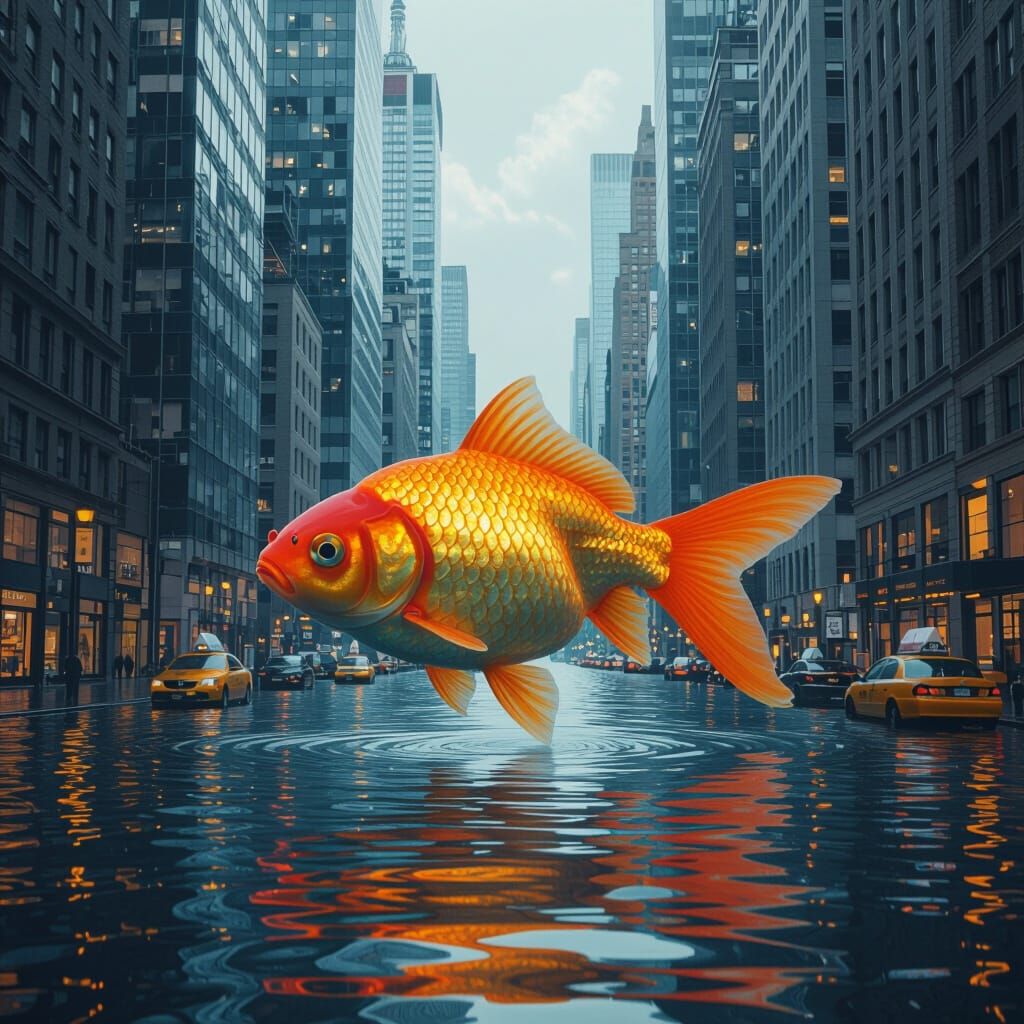 Giant Goldfish Flooding New York City in Surreal Style