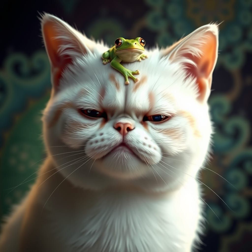Whimsical Cat and Frog in Fantastical Realm