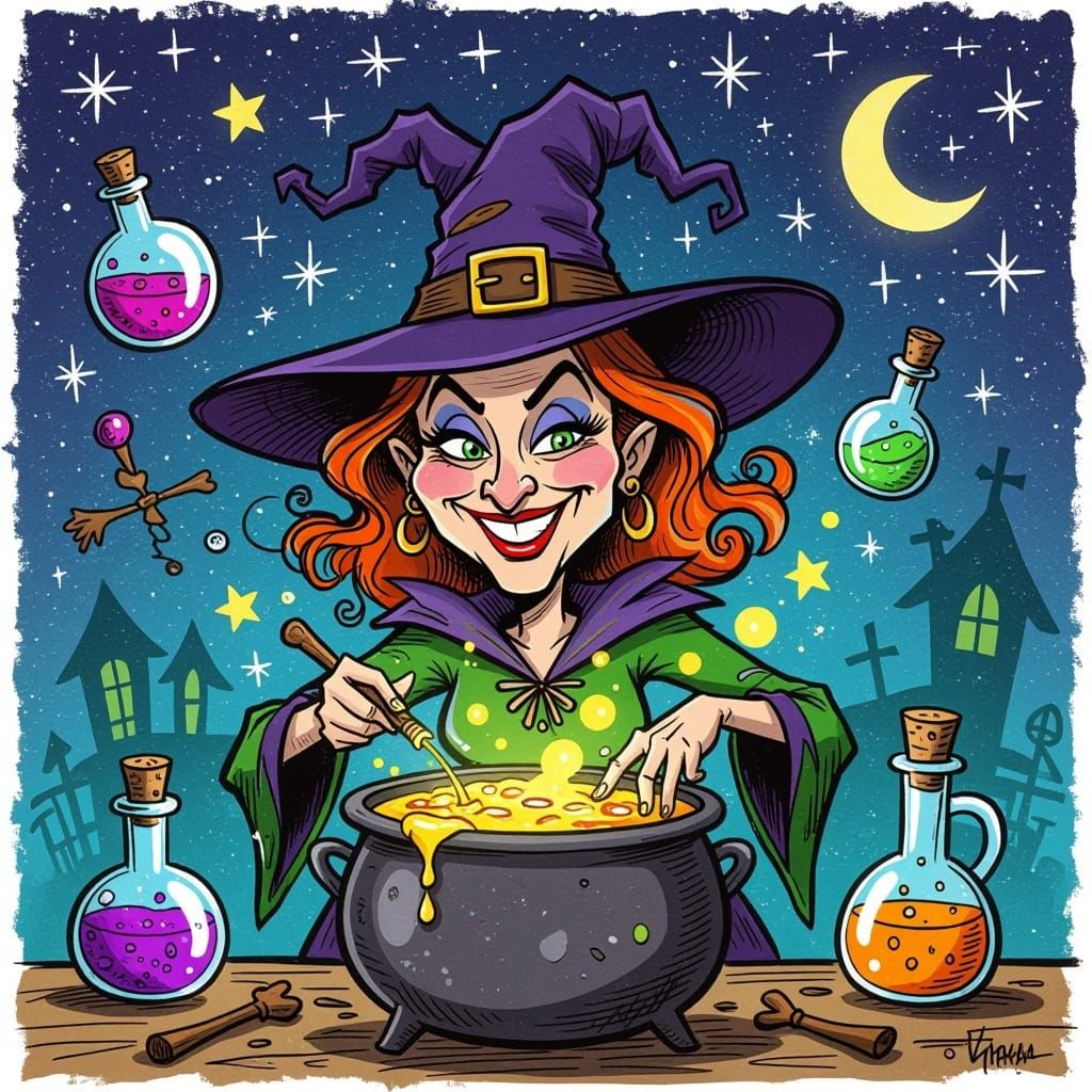 Whimsical Witch Brewing Potion in Caricature Style