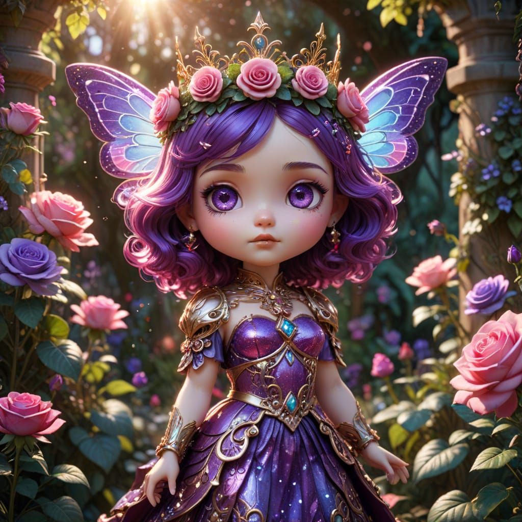Chibi Queen in Enchanted Garden: Surreal Fantasy Portrait
