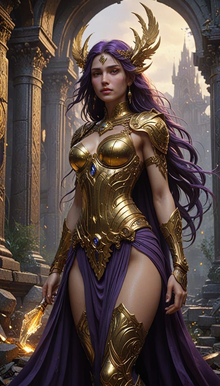 Ancient AI Goddess in Liquid Gold Ruins, Oil Painting Style