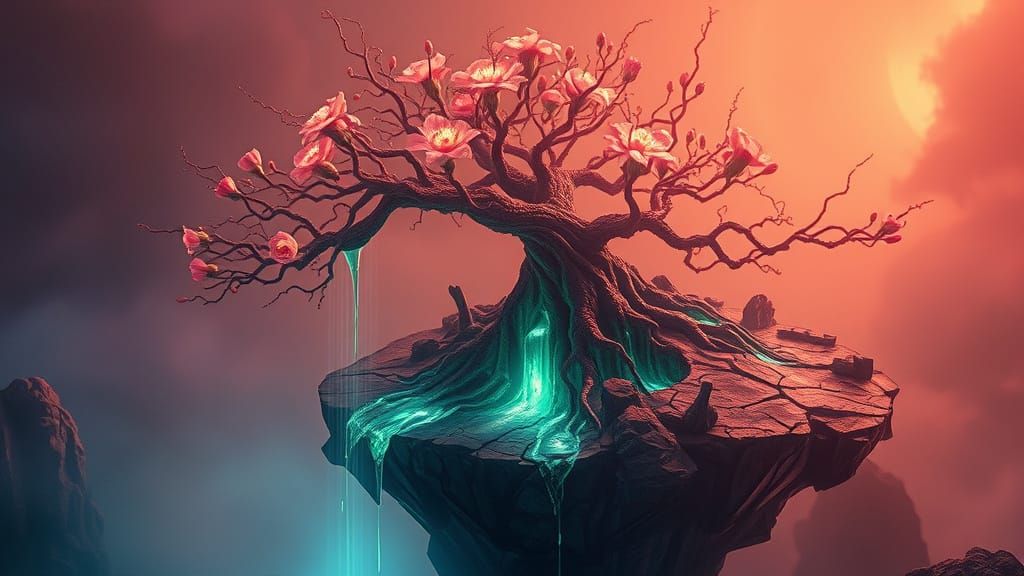 Surreal Alien Tree Blooms from Obsidian Island in Neon Dream...