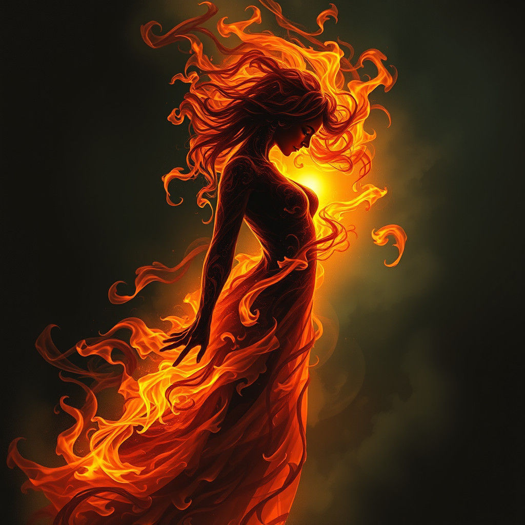 Fiery Woman: Ephemeral Silhouette in Flames and Smoke