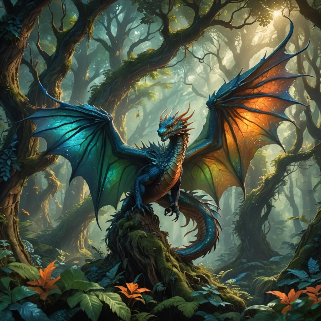 Dragon Wings Unfold in Mystical Forest: Fantasy Art