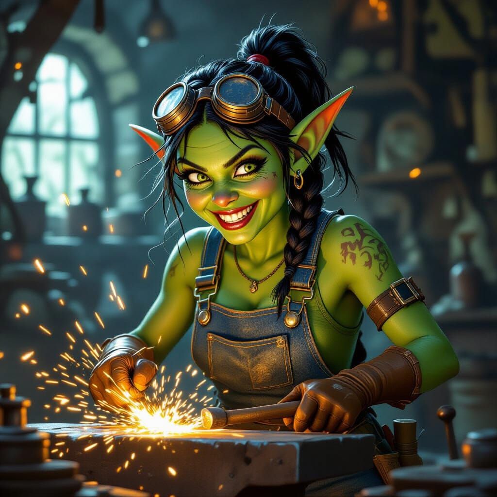 Goblin Tinkerer Forging Sparks in Chaotic Workshop