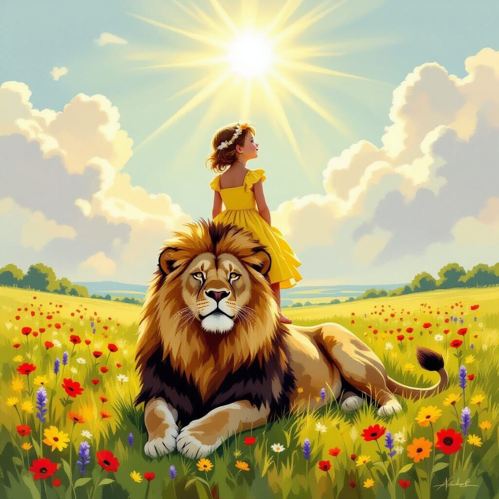 Girl in Yellow Dress Standing on Majestic Lion