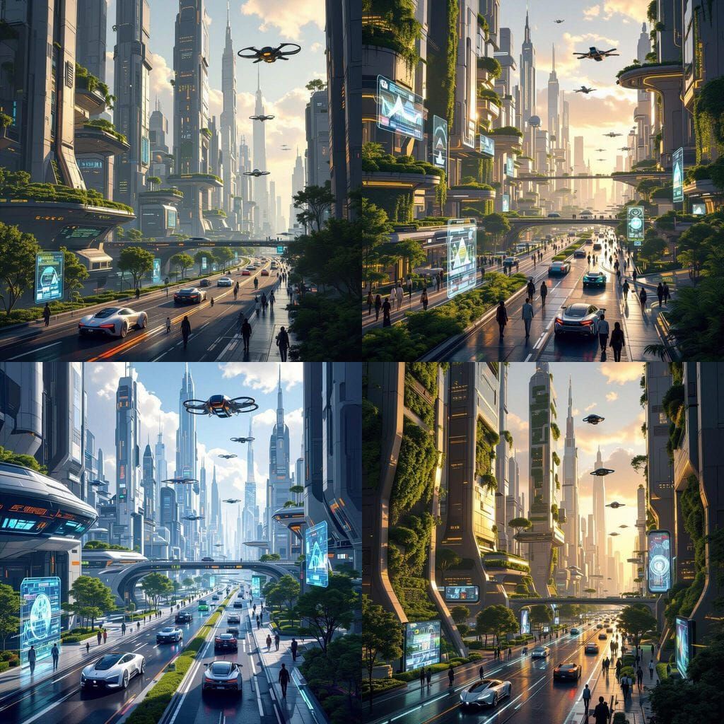 Futuristic Cityscape: Advanced Tech, Holograms & Green Energ...