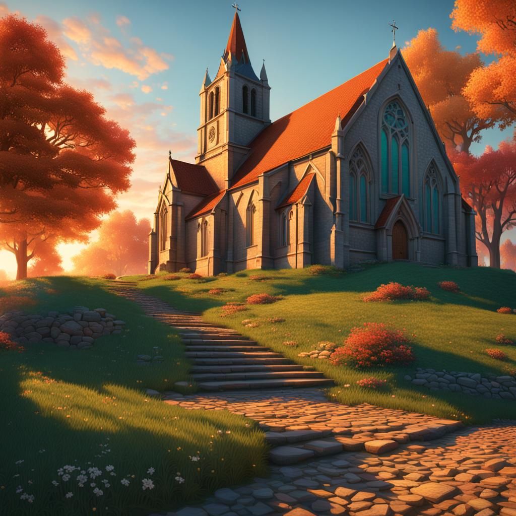 Salem Church in Amber Sunset: Digital Concept Art