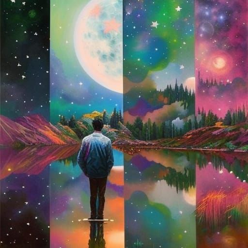 Man Paints Pixel Moon in Starry Sky