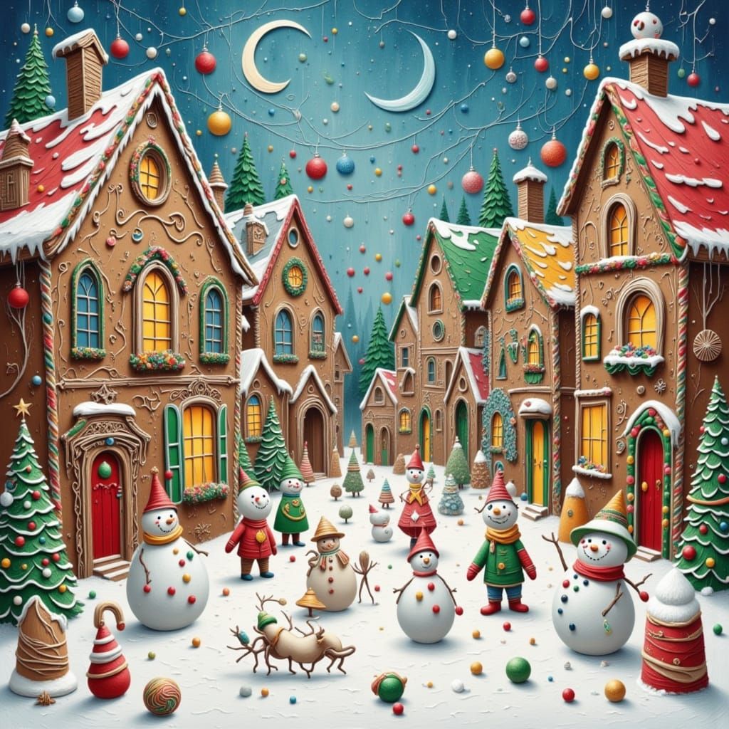Festive Snowmen Dancing in a Wonky Gingerbread Village