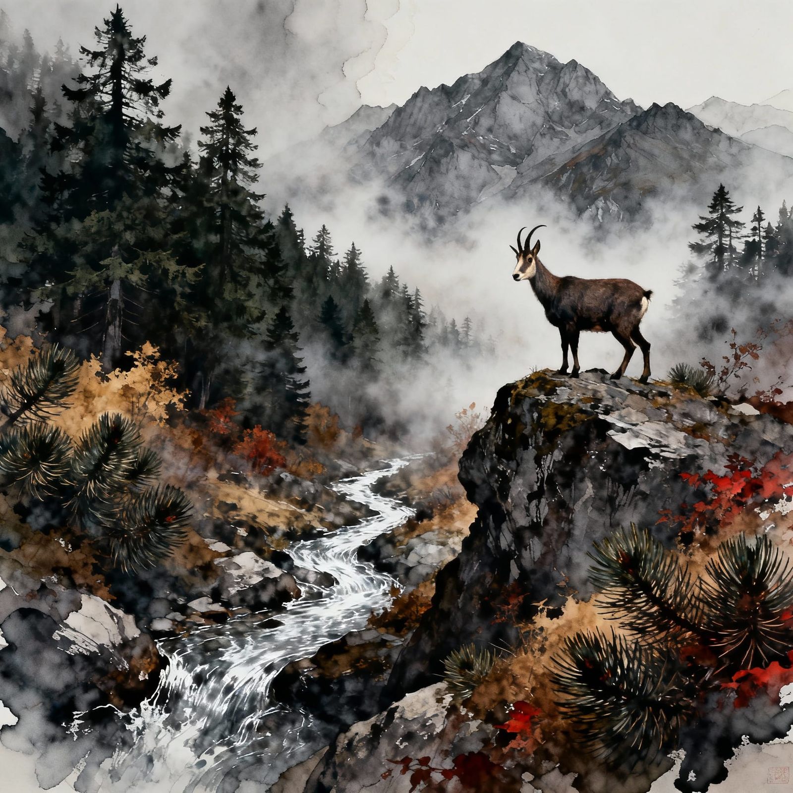 Misty Autumn Forest with Swiss Alps