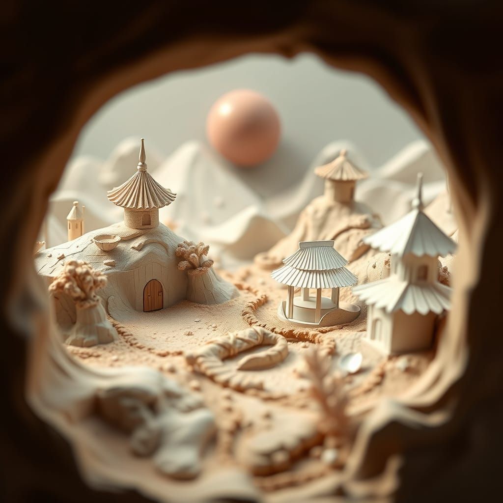 Clay Landscape with Origami Folds in Whimsical Style
