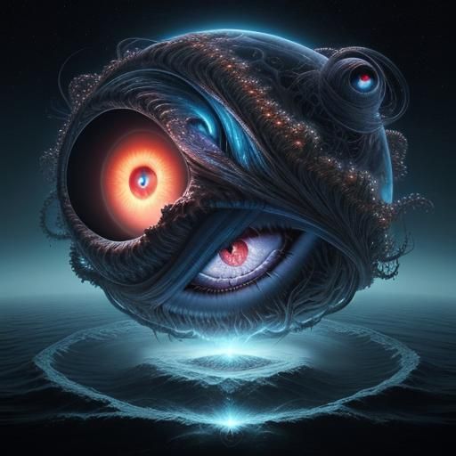 Cosmic Eye on Floating Island in Beksiński Style