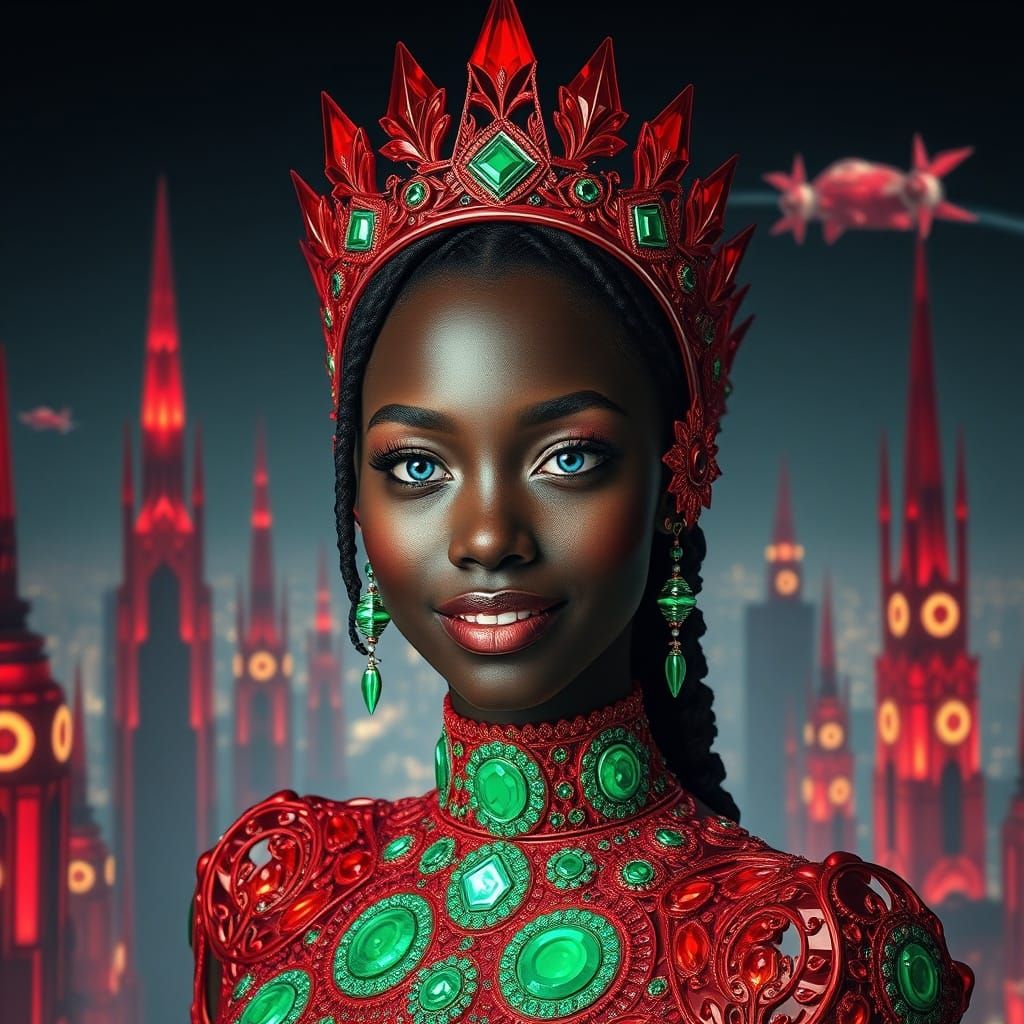 Futuristic Crystal Queen in Hyperrealistic Cityscape