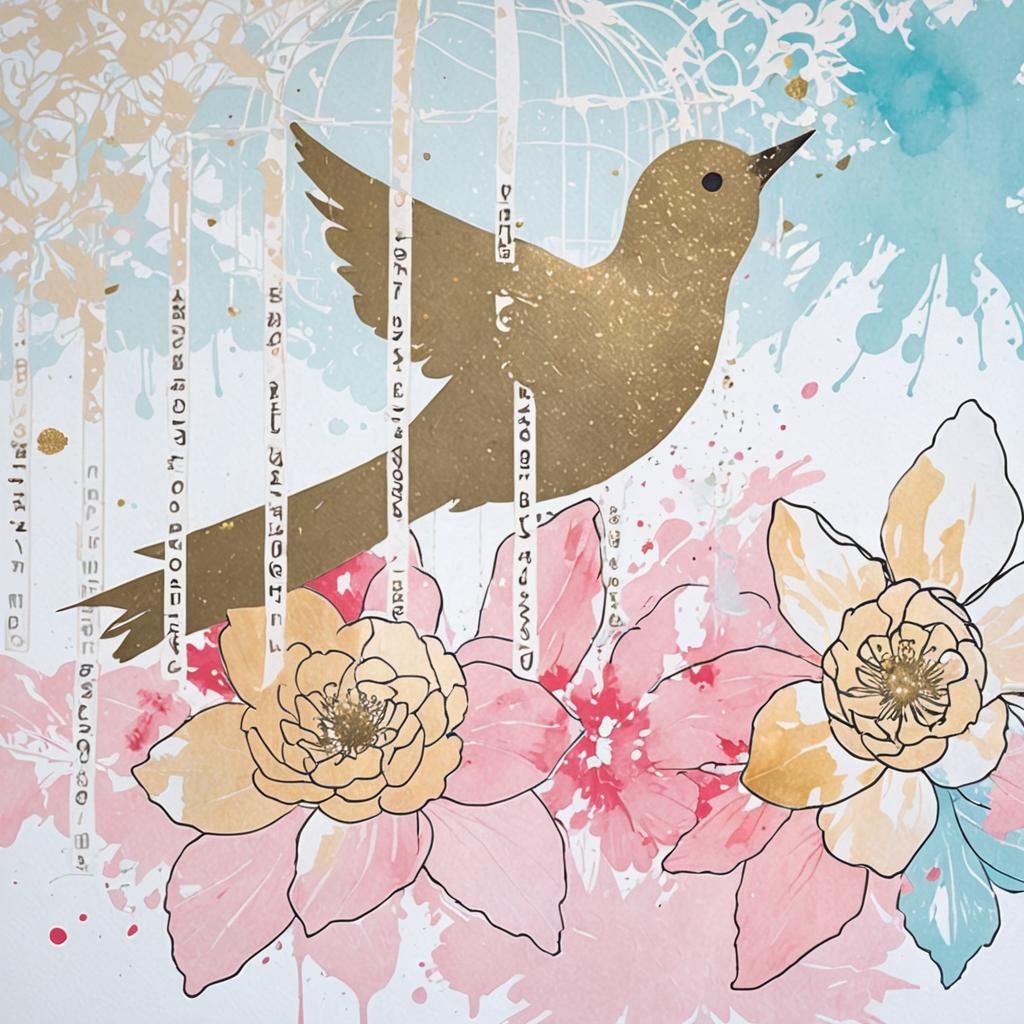 Bird Escapes Collage Cage in Abstract Splashing Art