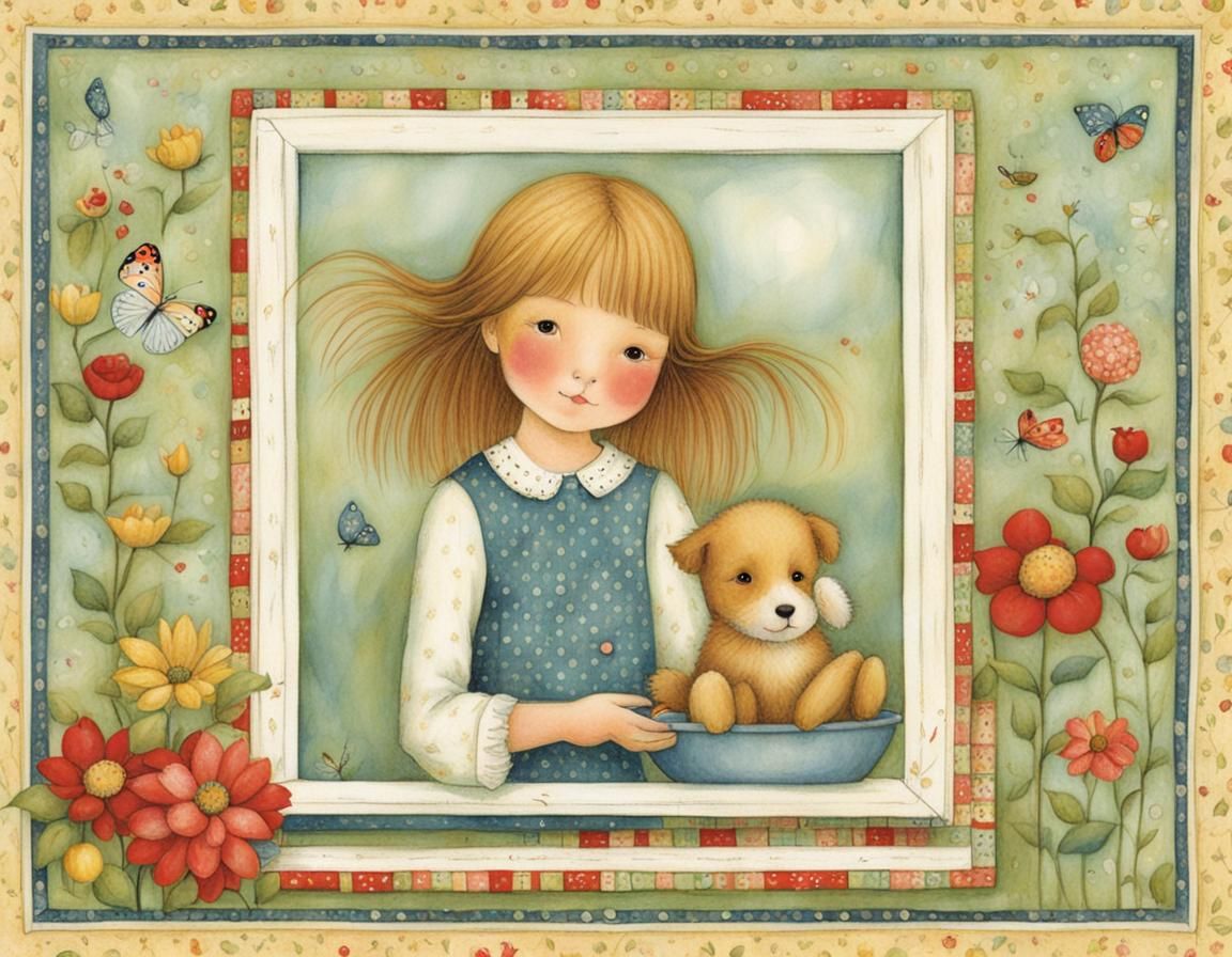 Cute Girl in Naive Art Style