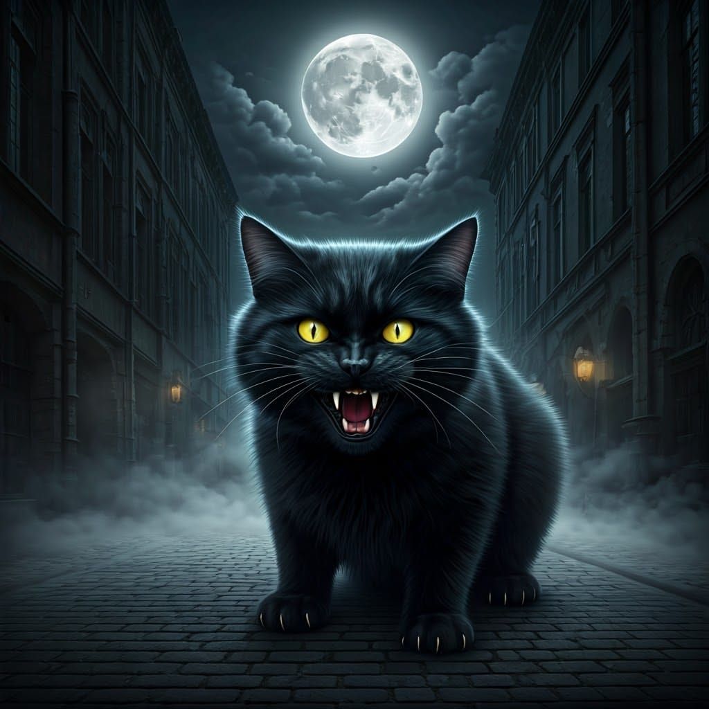 Menacing Black Cat in Foggy Alleyway