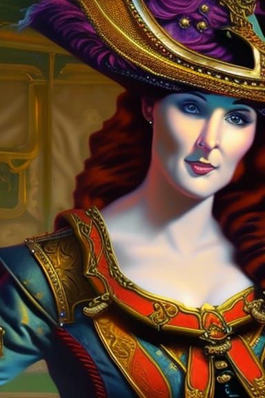 Steampunk Pirate Woman in Victorian Style Oil Painting