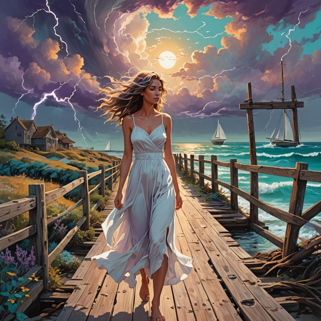 Girl Gazing at Electrified Cloud, Surreal Photorealism