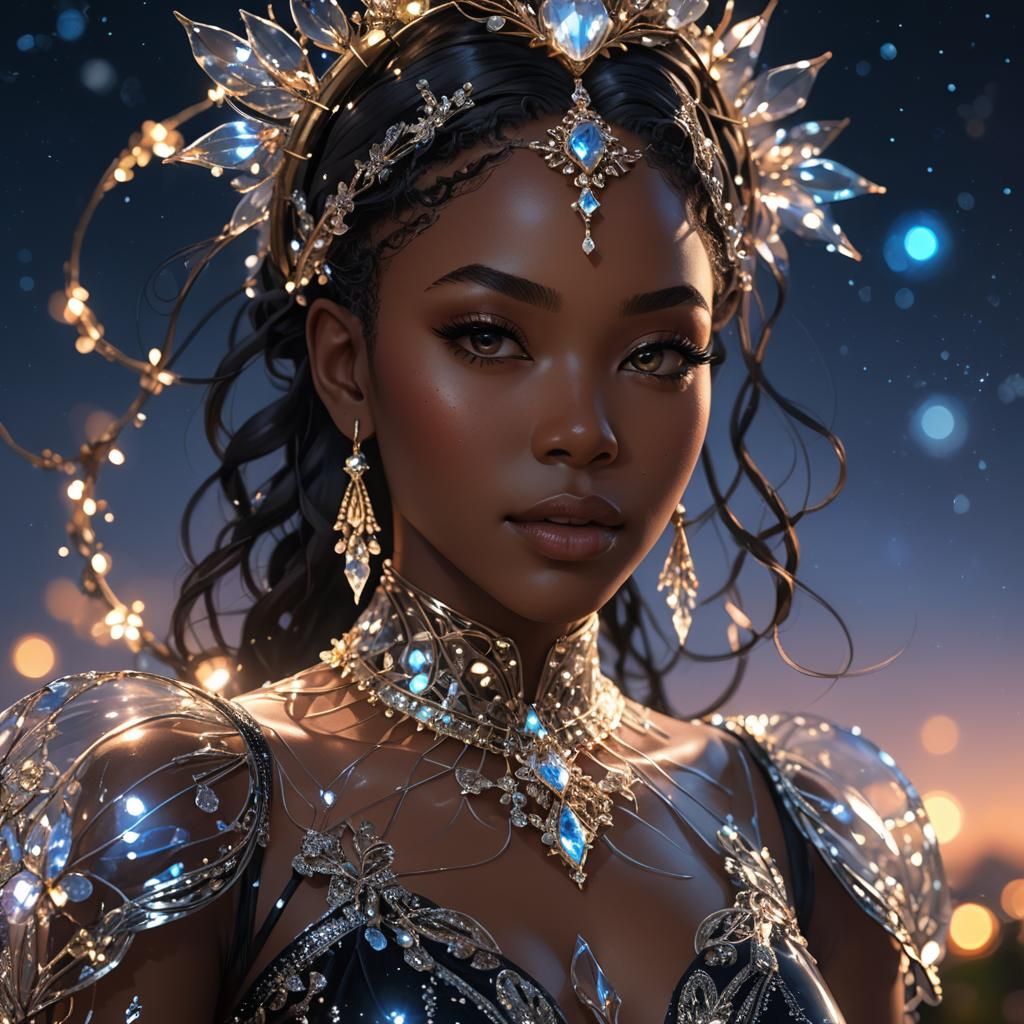 Black Woman in Glass Dress: 3D Anime Portrait