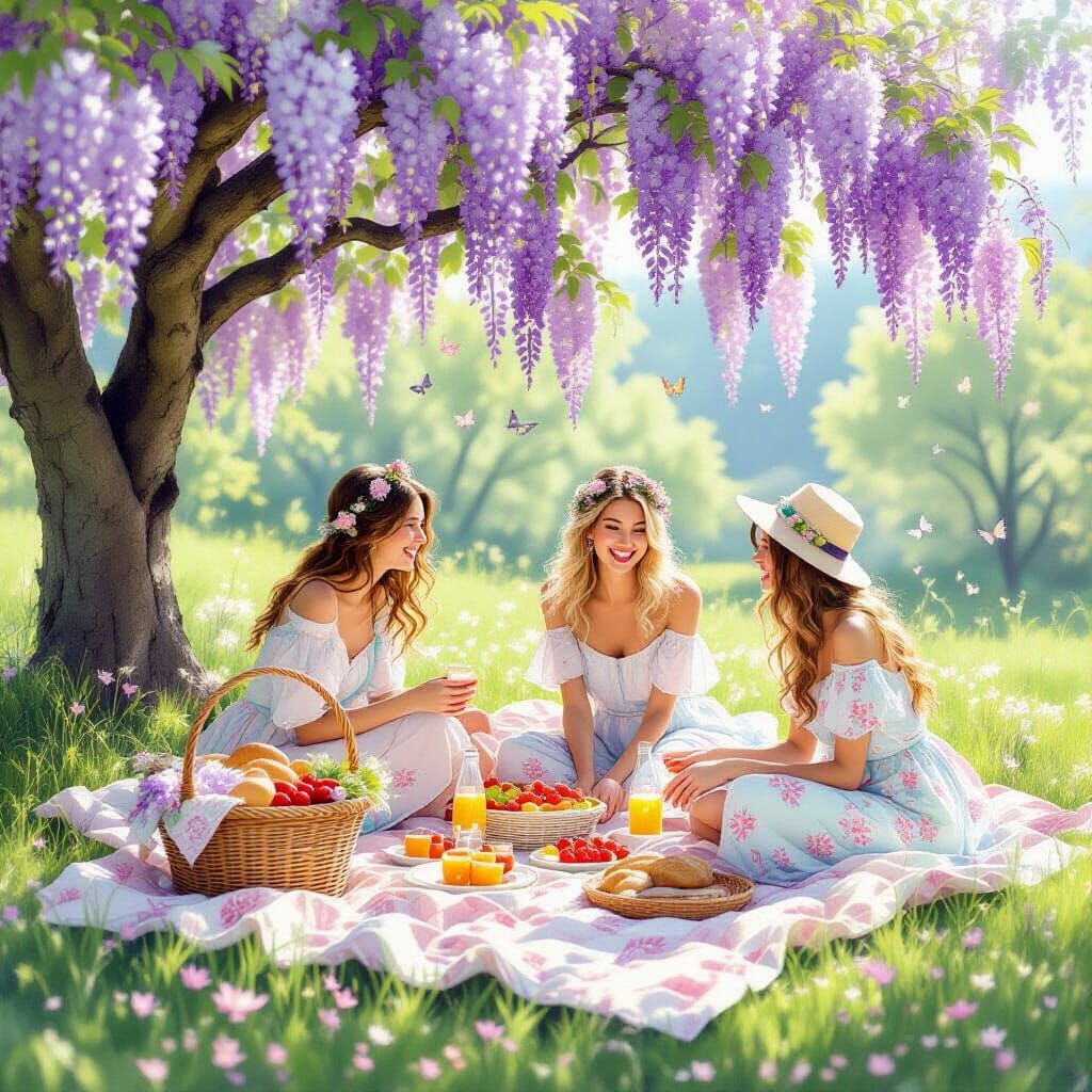 Spring picnic under a blooming wisteria tree