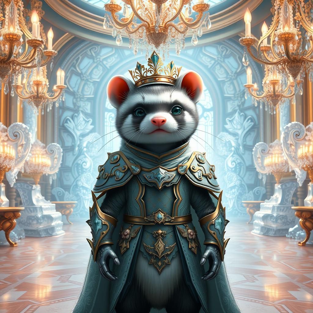 Regal Ferret King in Lavish Ballroom, Elegant Futurism Style