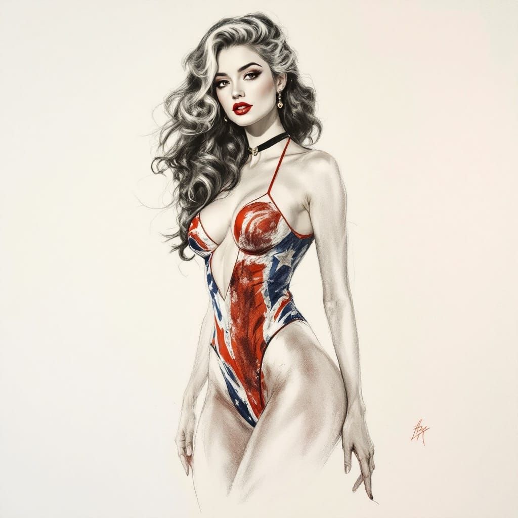 Woman in Pinup Pose in Pastel Sketch Style