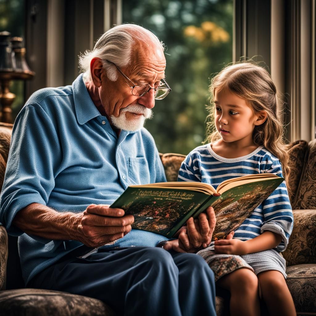 Grandfather Reads to Grandchildren: Hyperrealistic Render