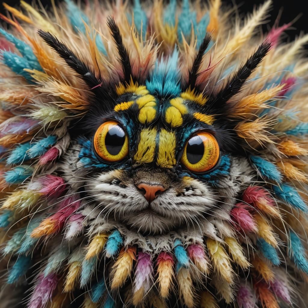 Colorful Caterpillar Crawling on Cat Face