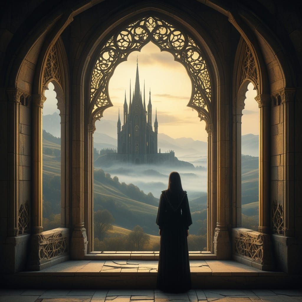 Ethereal Woman Gazing at Dreamlike Landscape