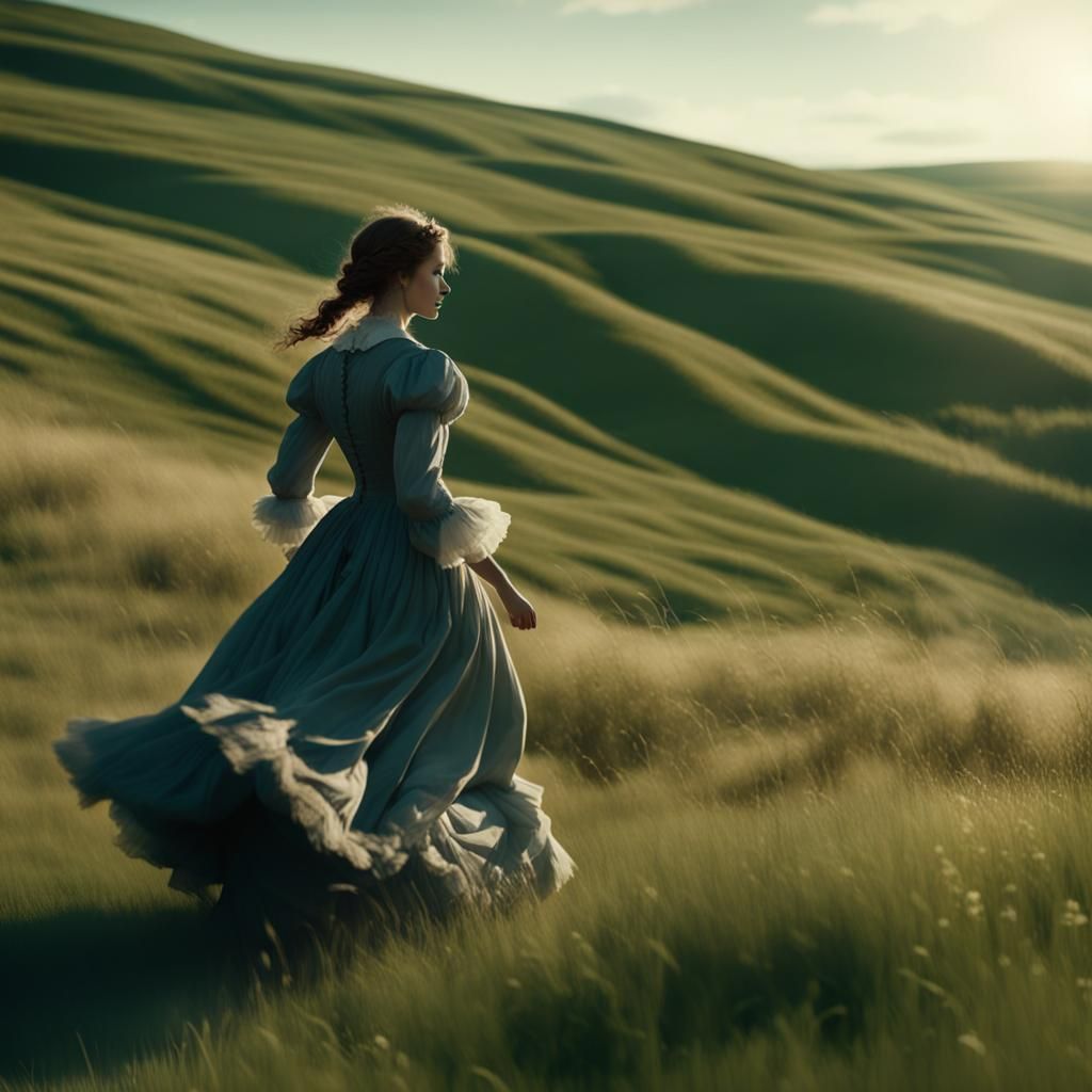 Victorian Girl Runs Through Hills: Detailed Concept Art