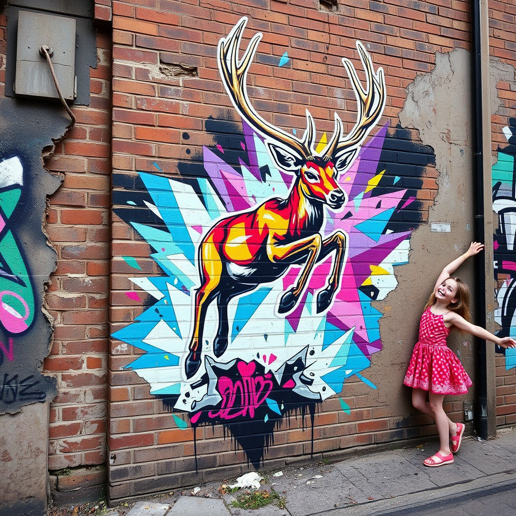 Street Art Mural: Deer Leaping from Brick Wall