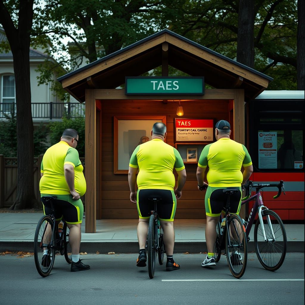 Photorealistic Men at Bus Stop in Cinematic Style