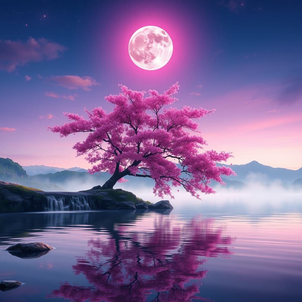 Pink Moonrise Over Waterfall: Surreal Anime Art