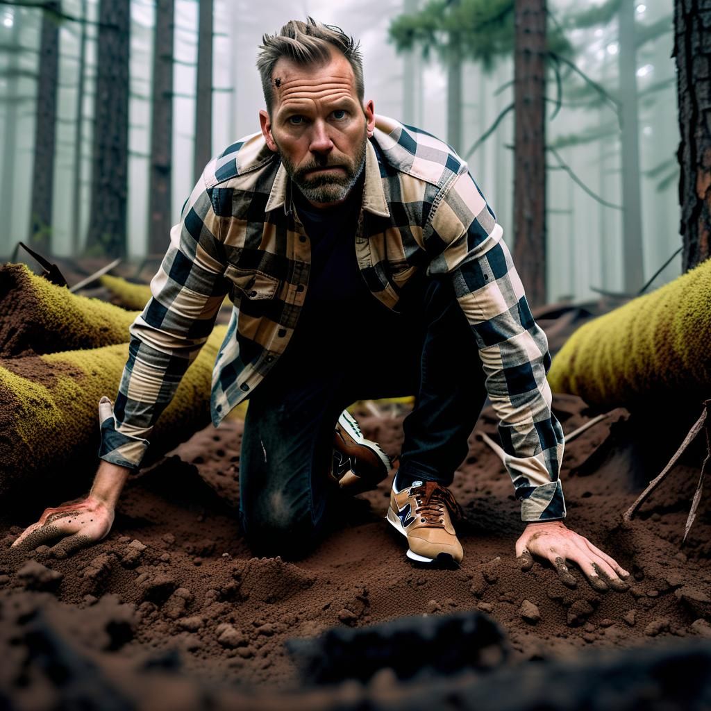Man Crawling Through Ruined City Forest